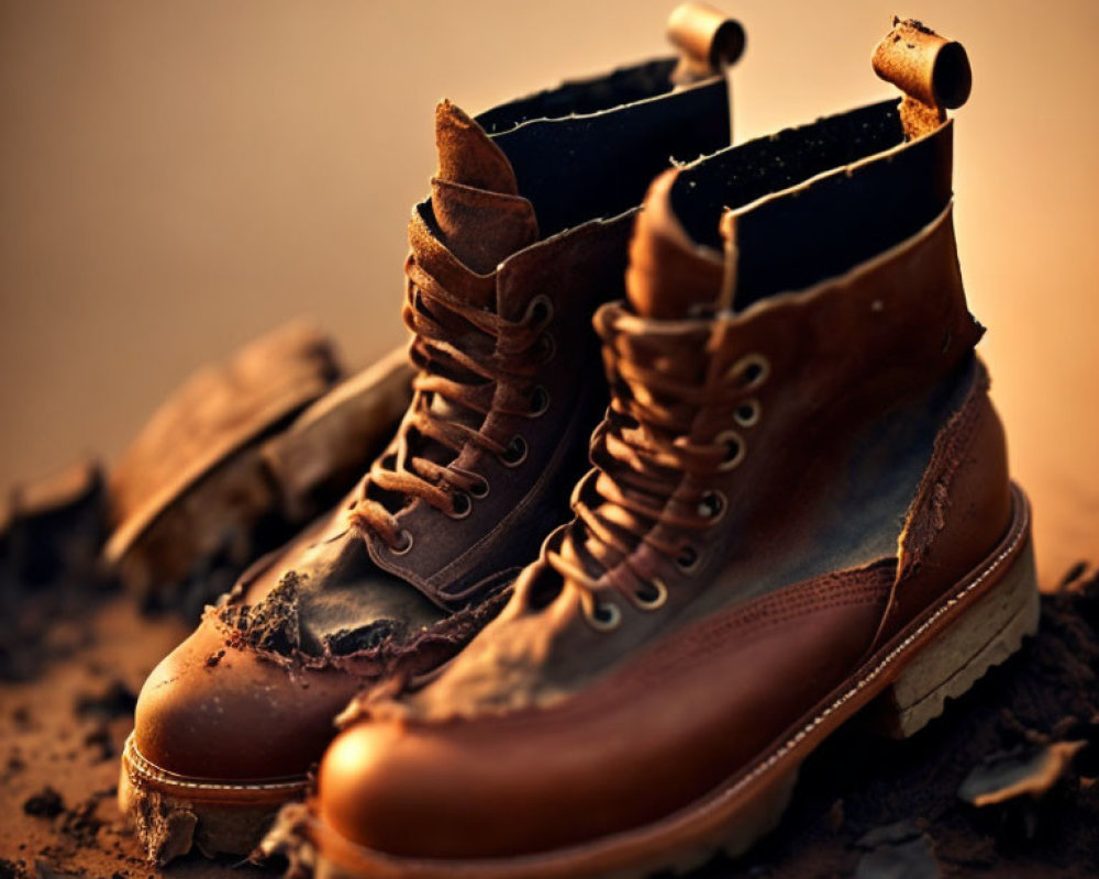 Worn-out Brown Leather Boots on Dry, Cracked Ground