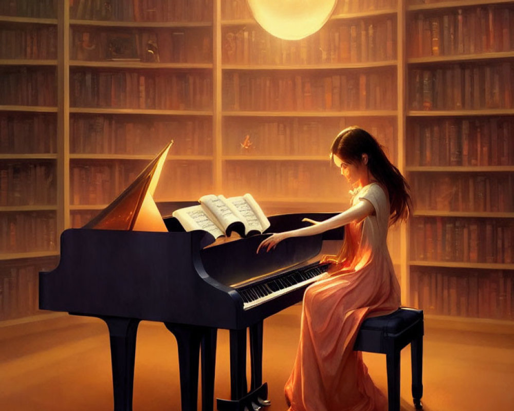 Woman in orange dress playing grand piano in cozy library room full of books