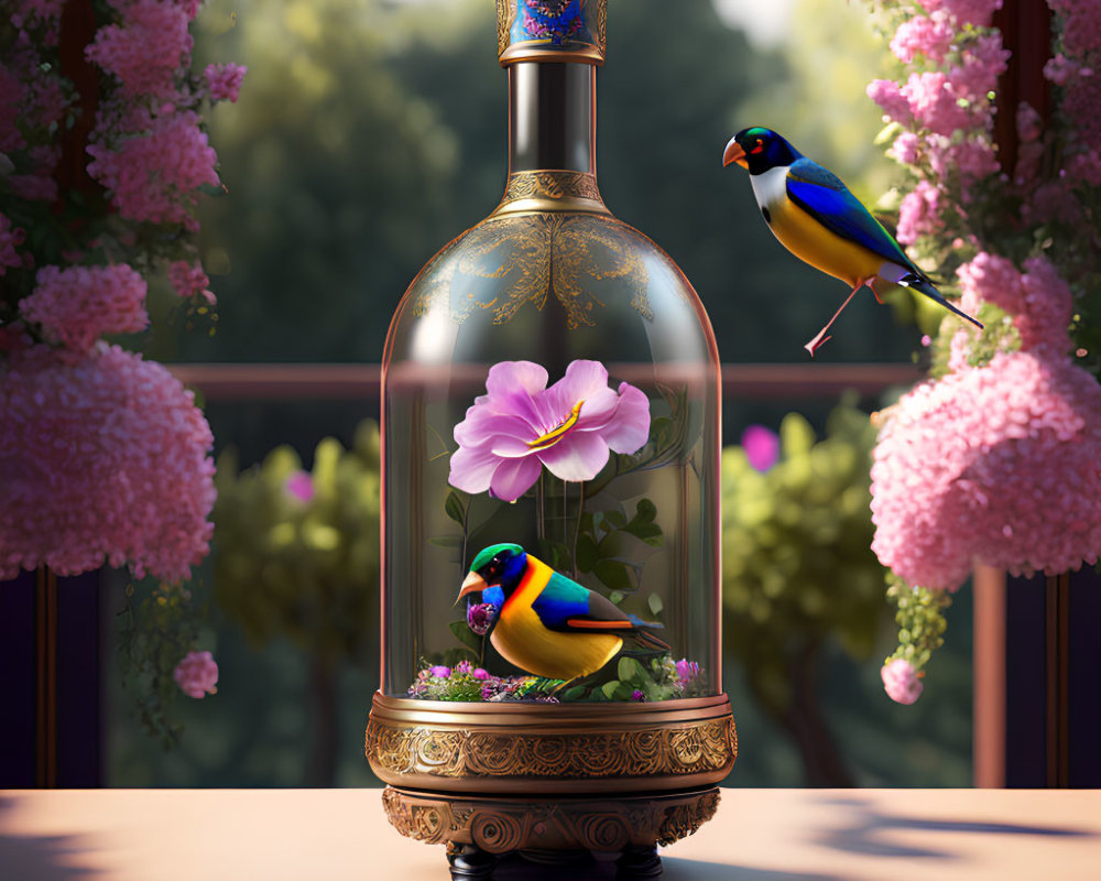 Colorful Bird Perched in Glass Dome with Flowers and Ornate Base