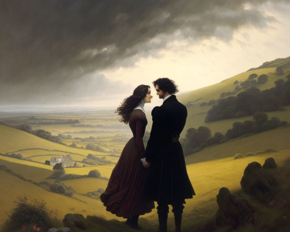 Couple in pastoral landscape under dark sky