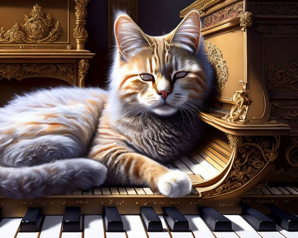 Majestic cat on piano keys with ornate, gilded elements