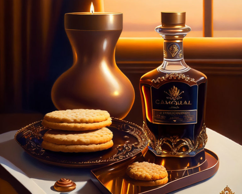 Lit candle, Camus Cognac bottle, cookies on plate in warm sunset light