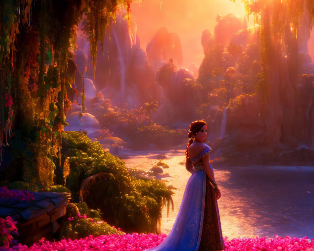 Vibrant animated princess in sunset landscape with pink petals