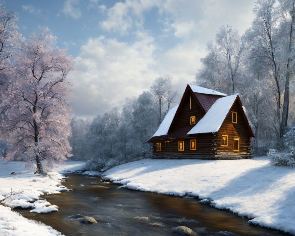 Snowy Landscape: Cozy Wooden Cabin by Stream, Frost-Covered Trees