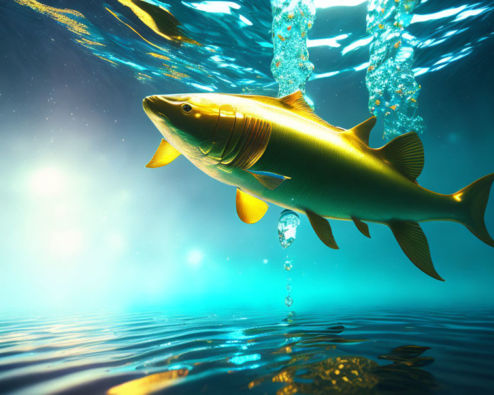 Golden fish swimming underwater with light rays and bubbles - serene aquatic scene