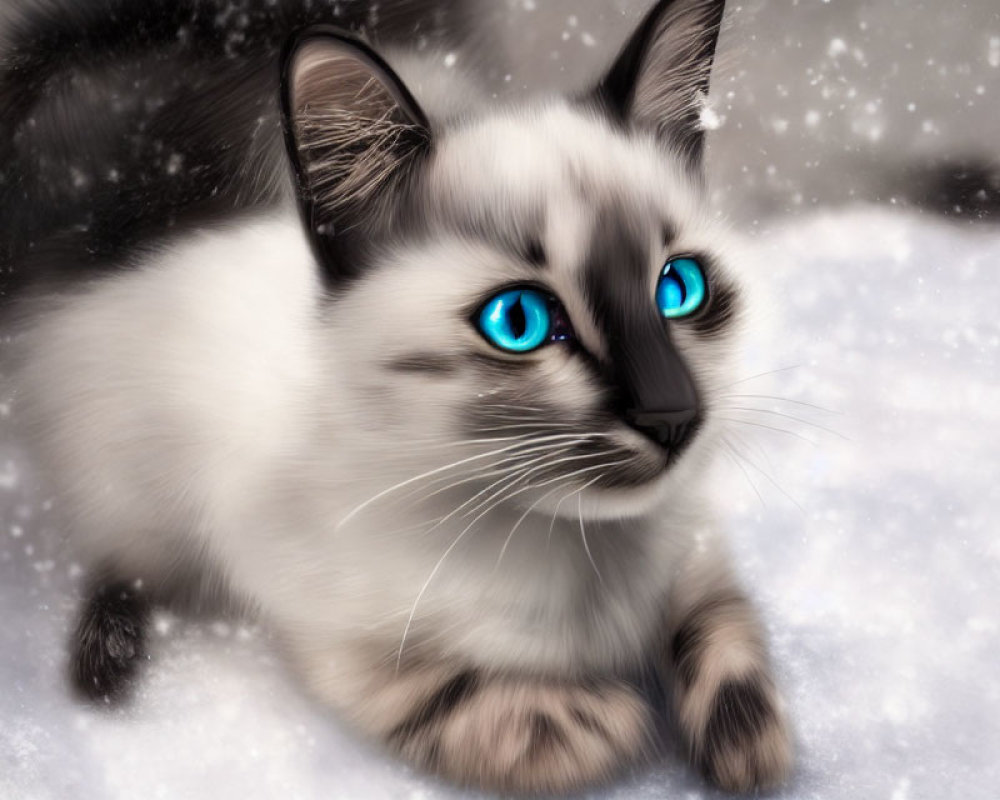 Siamese Kitten with Blue Eyes Resting in Snowfall