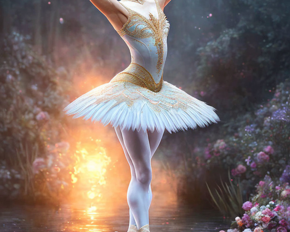 Elegant Ballerina in White and Gold Tutu in Enchanted Forest