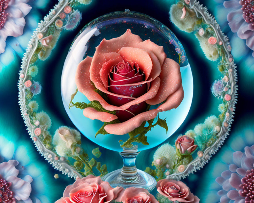 Digital artwork: central rose in bubble with floral patterns on blue background