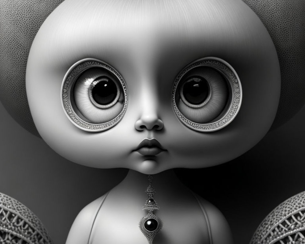 Stylized character with oversized eyes and ornate patterns