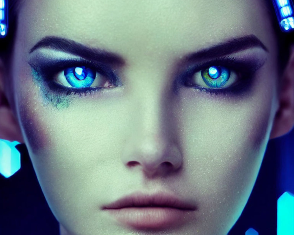 Close-up of woman with striking blue eyes and dark eyeshadow illuminated by neon lights