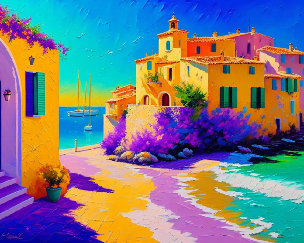 Colorful Mediterranean Seaside Village Painting with Sailboats