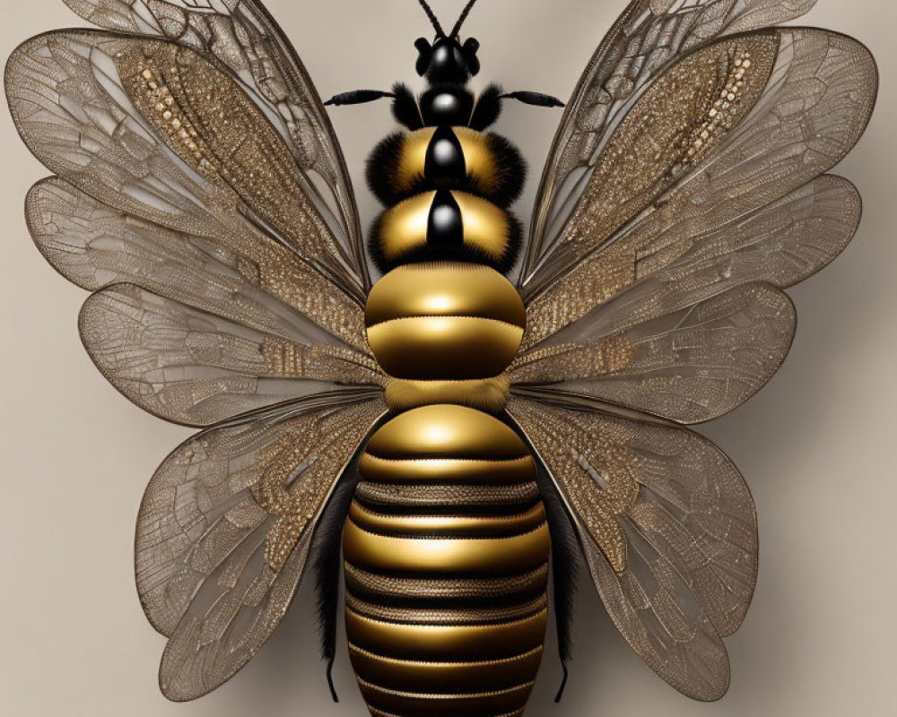 Detailed Digital Rendering of Golden and Black Striped Bee with Transparent Wings