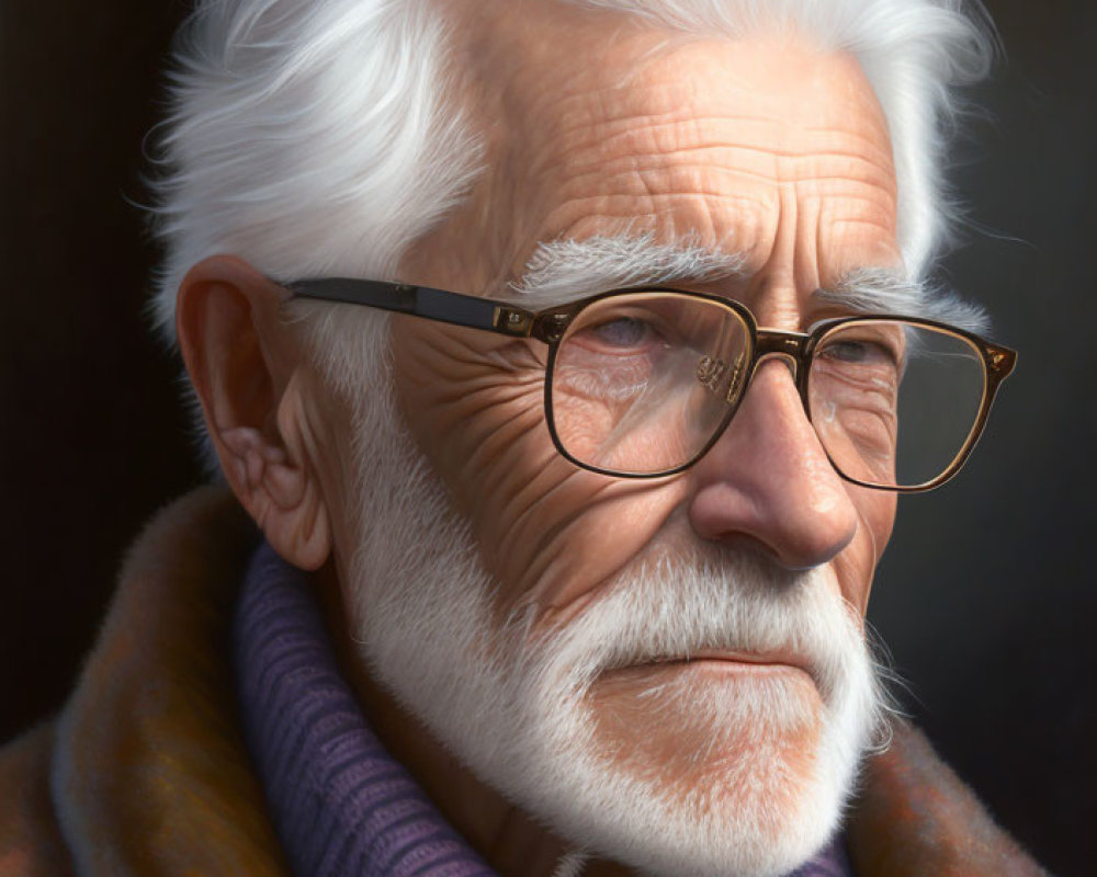 Elderly Man Portrait with White Hair, Beard, Glasses, Purple Turtleneck