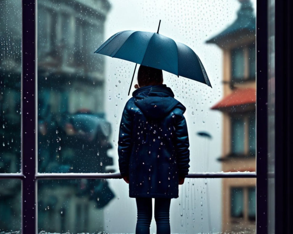 Person with umbrella looking out at rain-covered cityscape through window