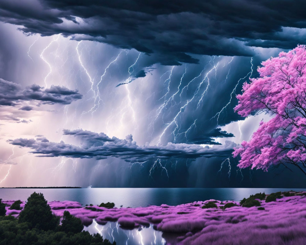 Vibrant purple grass, pink tree, lightning storm over water