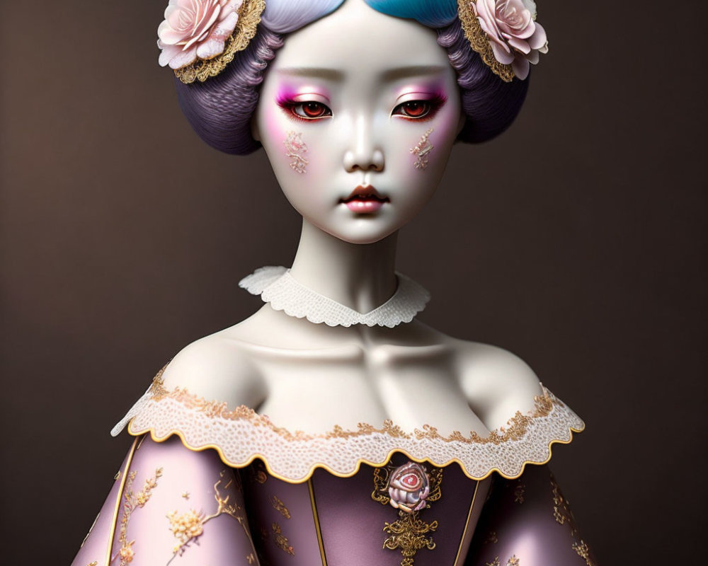 Porcelain-like Figure with Blue Hair and Victorian Attire