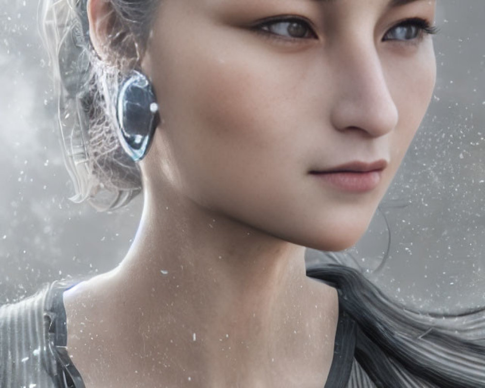 Pale-skinned woman with striking earrings in snowy portrait.