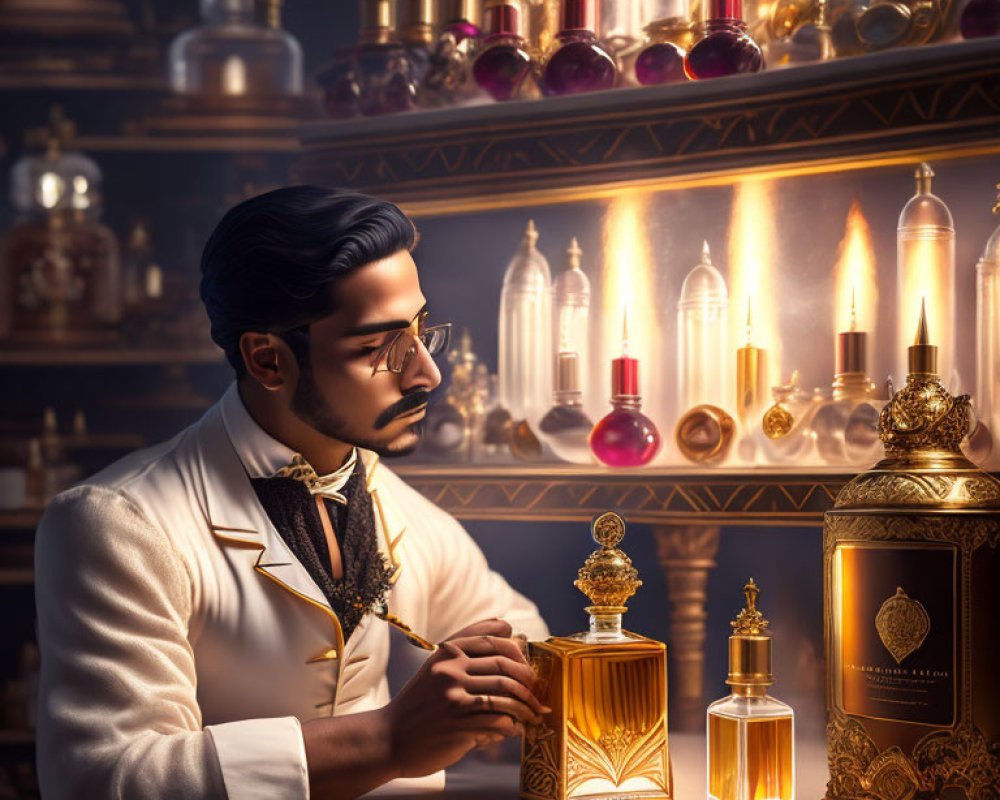 Stylish man in glasses inspects golden perfume bottle in vintage apothecary