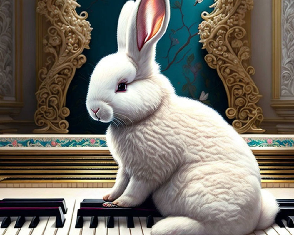 White rabbit on piano keys with gold and blue wallpaper