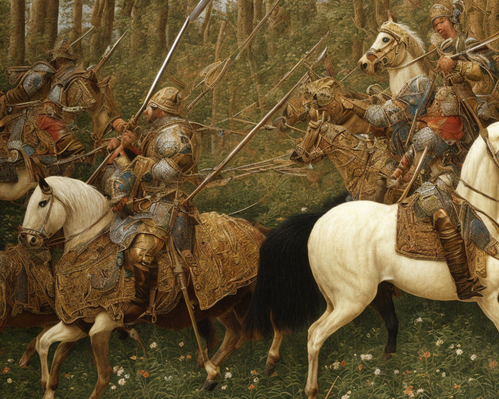 Detailed painting: Armored knights on horseback with lances in lush forest.