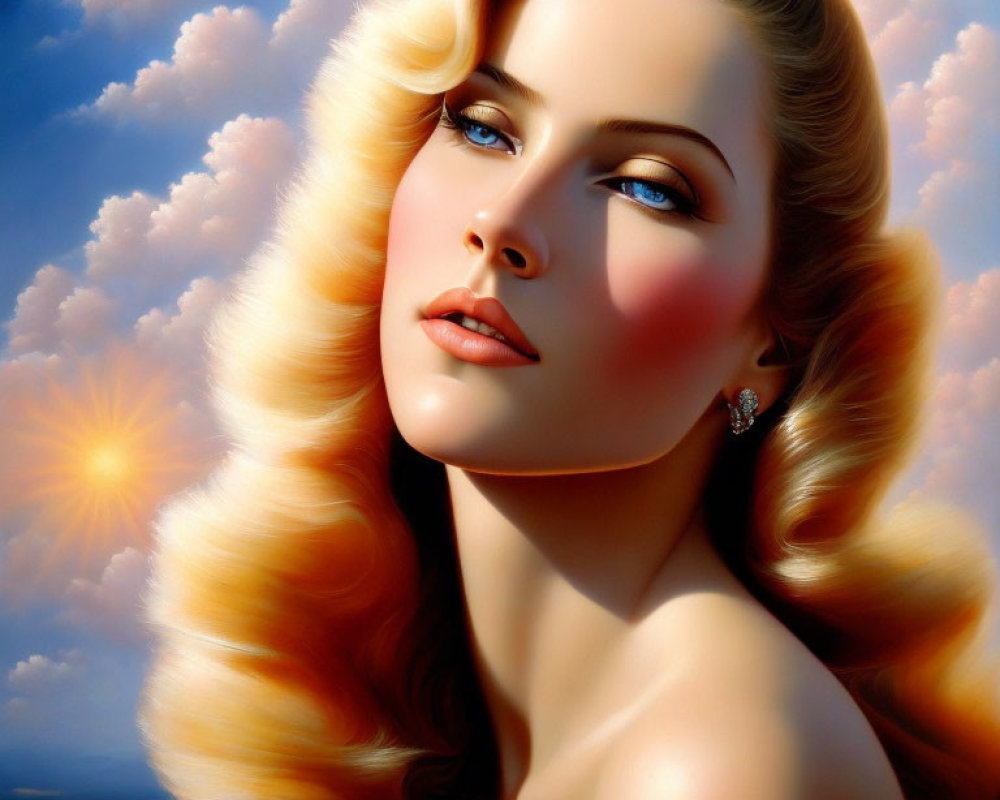 Blonde woman portrait with blue eyes and red lips against cloudy sky and sun