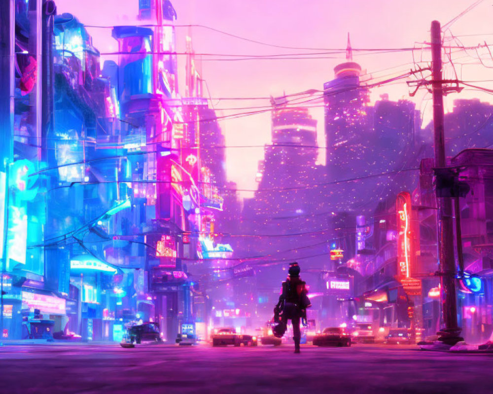 Futuristic city street scene at dusk with neon lights and skyscrapers