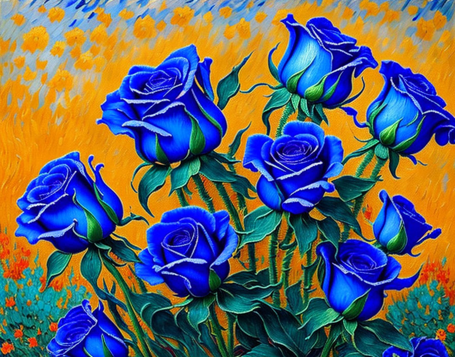 Colorful painting of blue roses and green foliage on textured yellow background with orange and blue flowers.