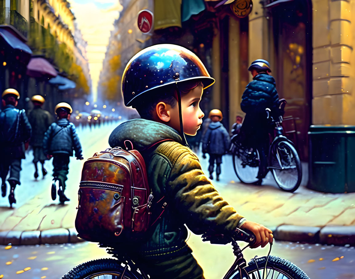 Child with galaxy-themed helmet on bicycle in busy street