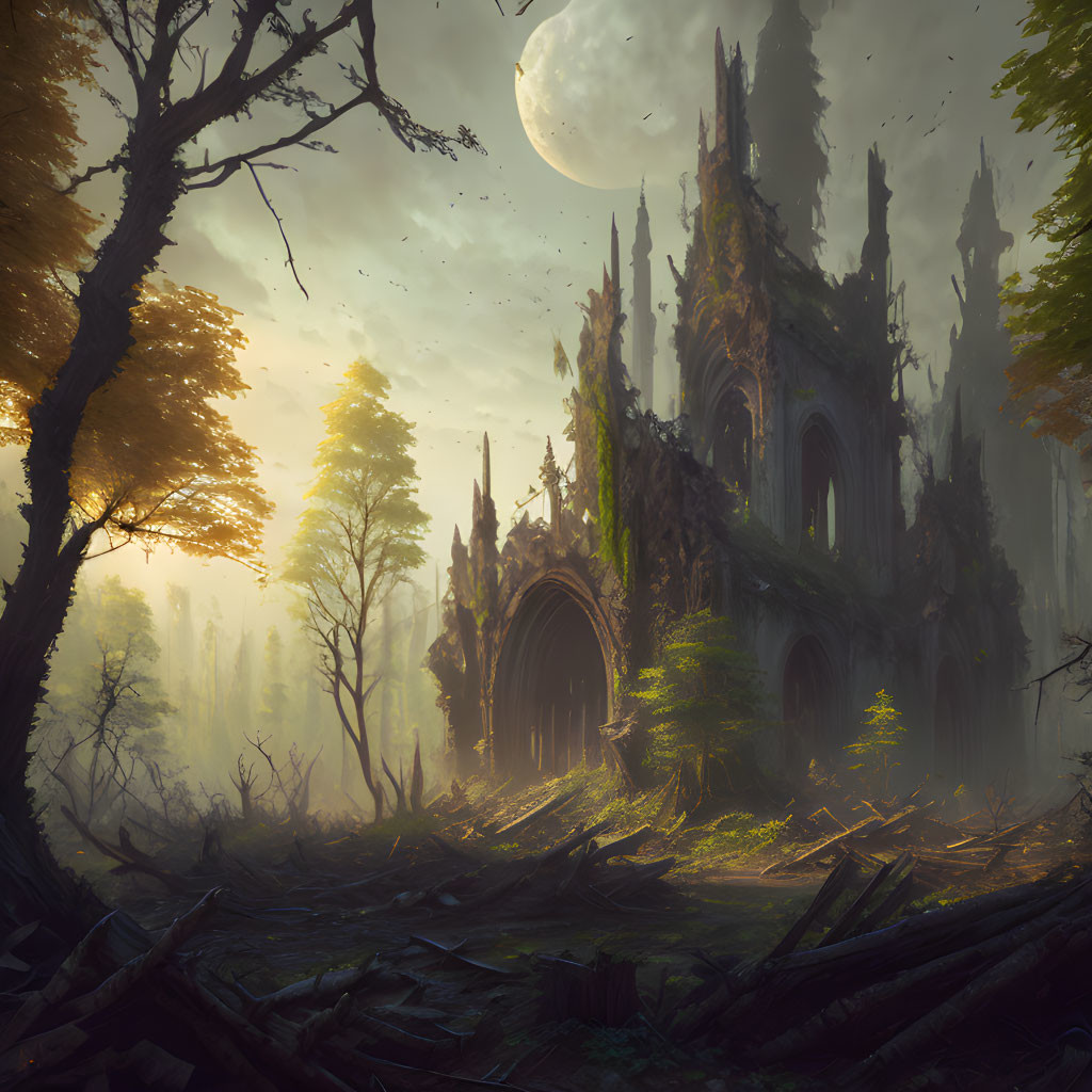 Ethereal forest scene: Gothic ruins, full moon, birds, fog light