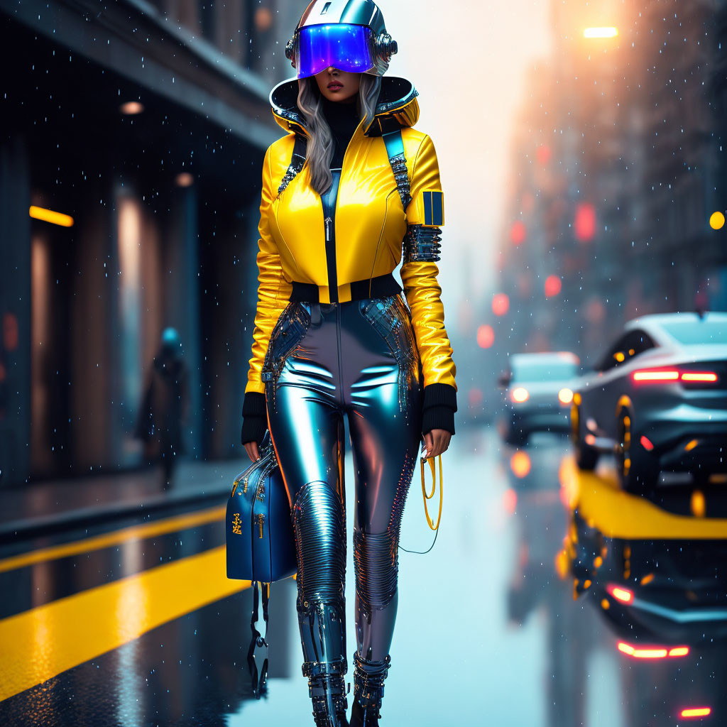 Futuristic person in yellow jacket and helmet walking in rainy city street