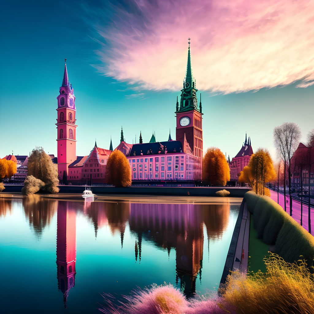 European-style building with clock tower reflected in river under pastel sky