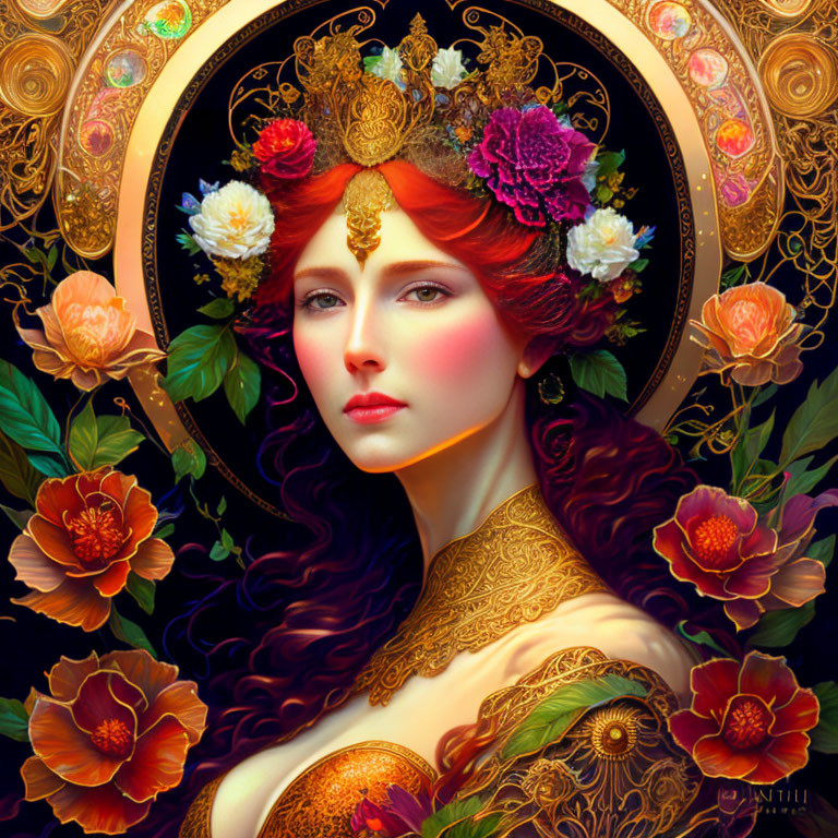 Detailed illustration of woman with red hair, floral crown, gold jewelry, surrounded by intricate patterns and flowers