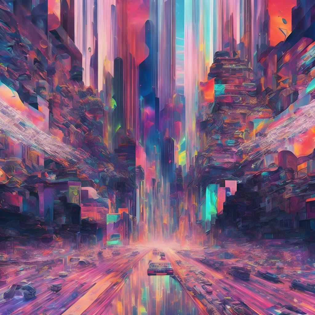 Futuristic cityscape with neon skyscrapers and distorted atmosphere