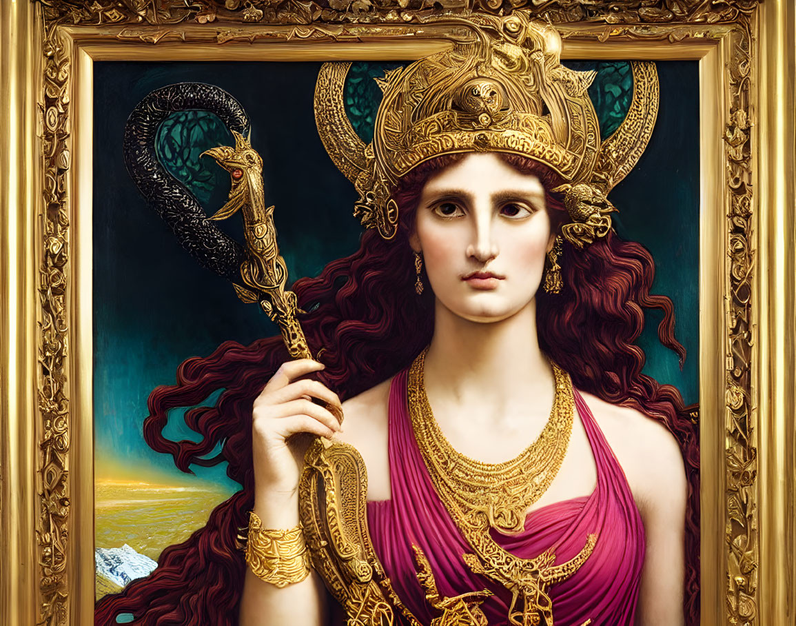 Portrait of Woman with Red Hair Holding Serpent Staff in Golden Helmet and Pink Drapery