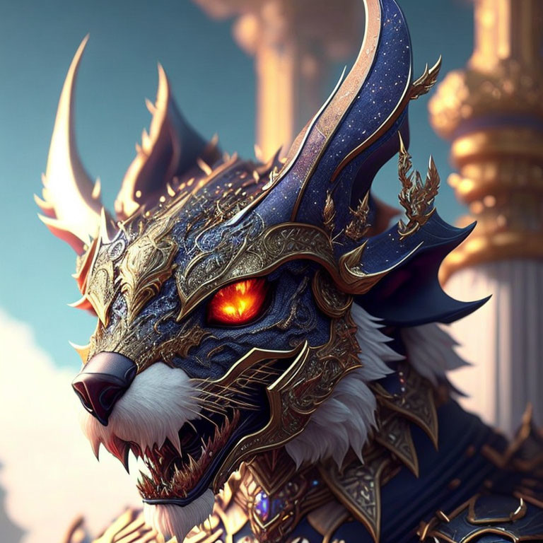 Mythical creature with wolf-like head in golden helmet