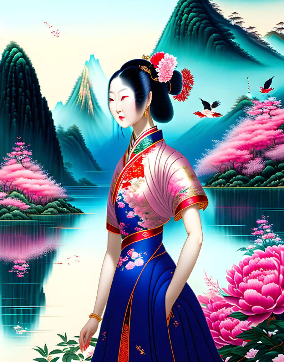 Colorful Kimono-Wearing Asian Woman in Serene Landscape