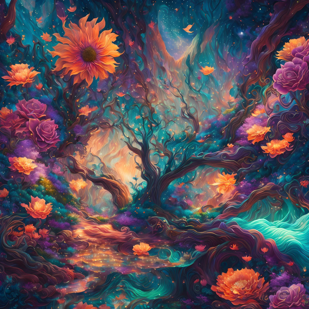 Colorful Fantastical Forest with Swirling Trees and Starry Sky