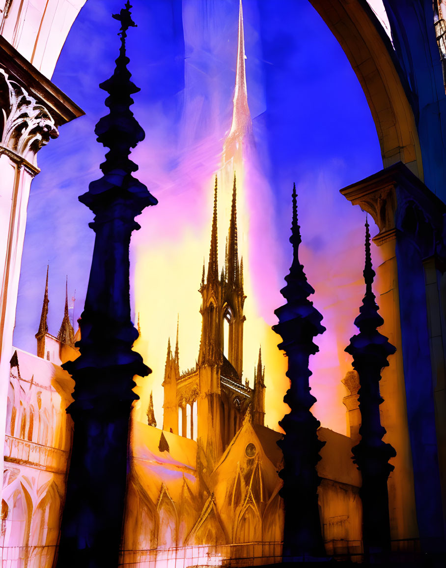 Gothic Cathedral Spires Silhouetted Against Vibrant Sky