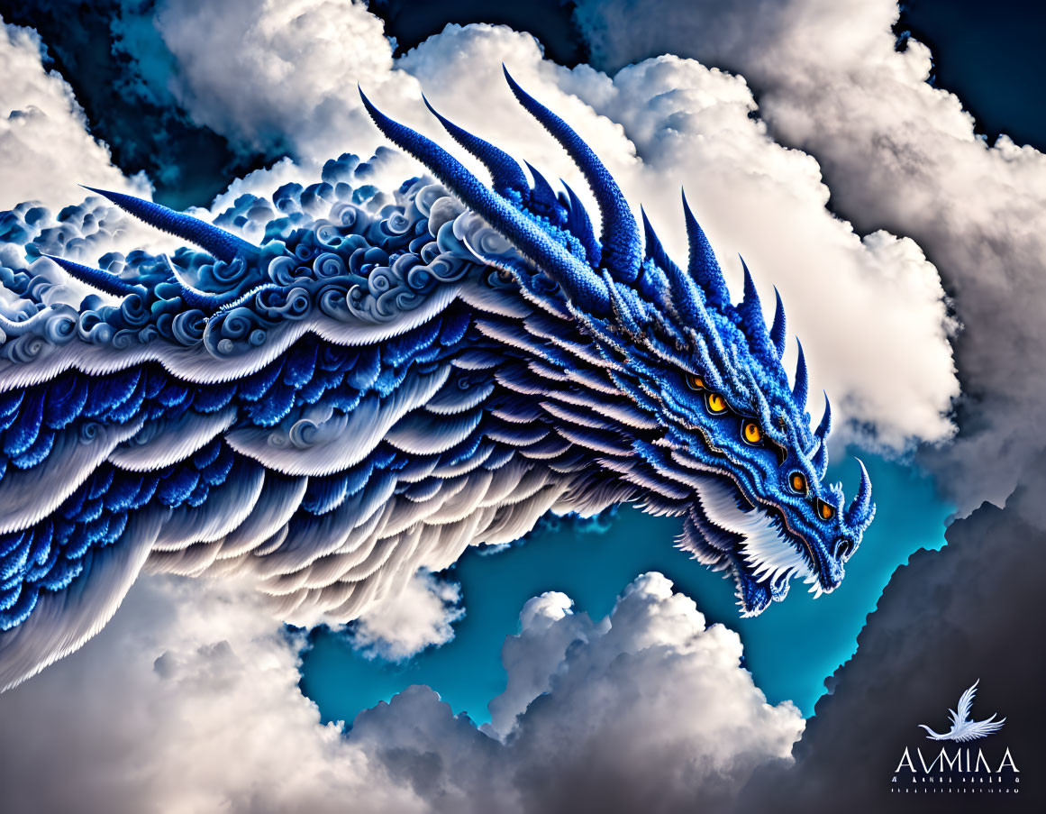 Blue dragon with intricate scales and horns flying in sky