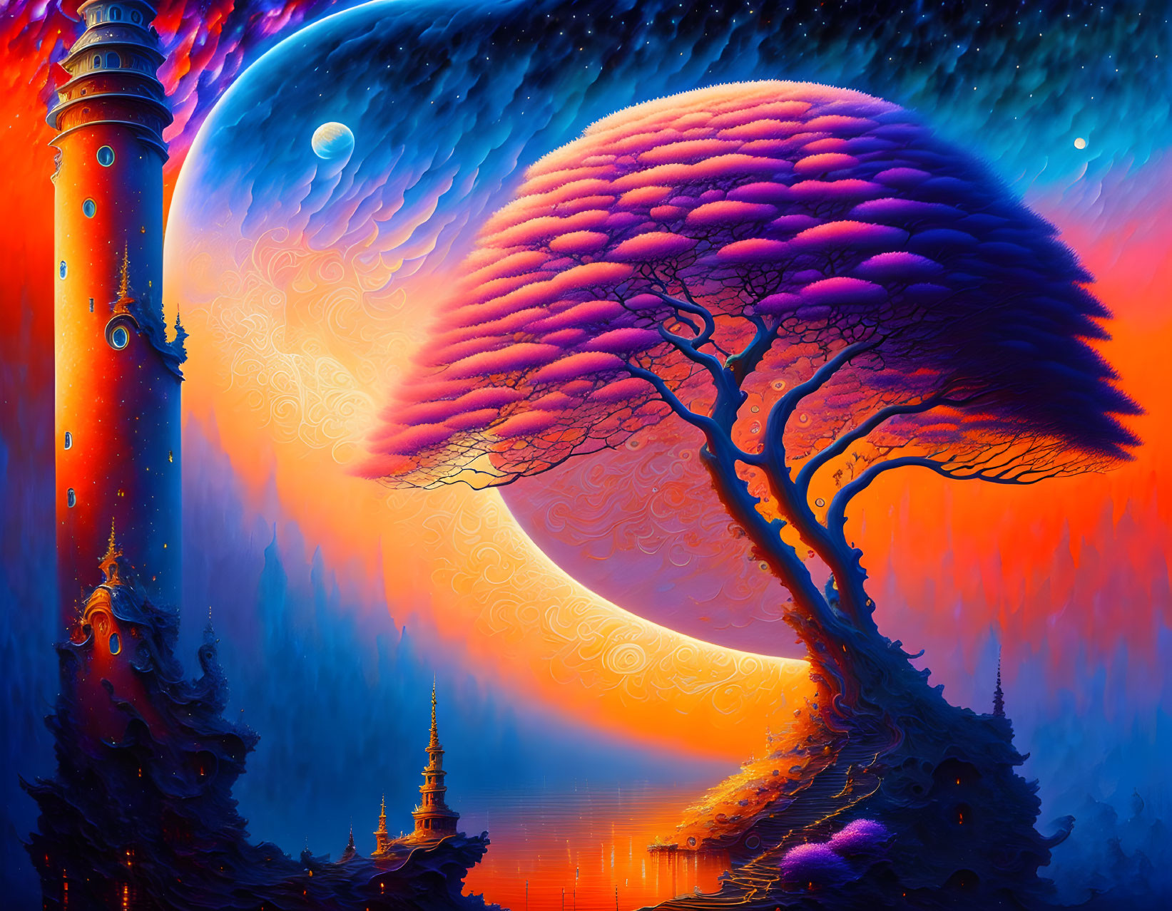 Surreal digital artwork: Large tree, lighthouse, temples, multiple moons, colorful celestial backdrop