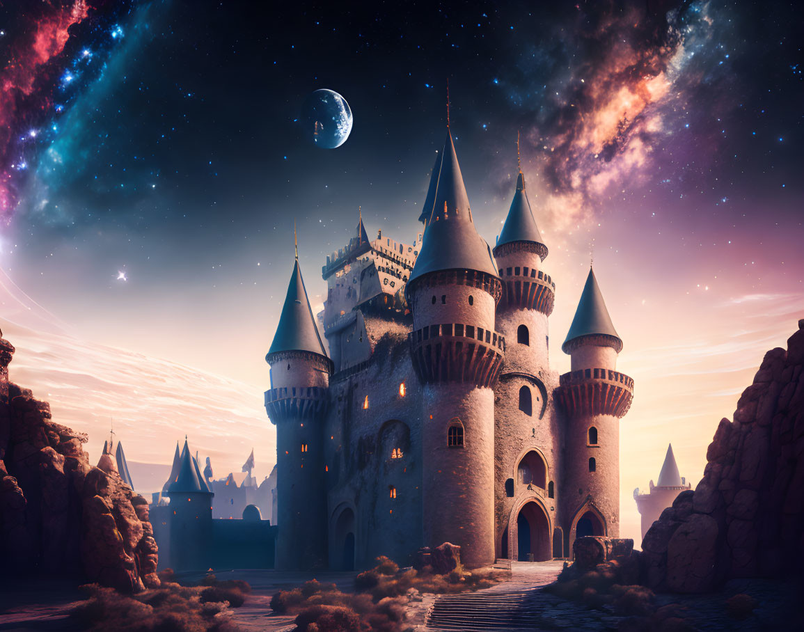 Fantasy castle with towering spires under starry twilight sky