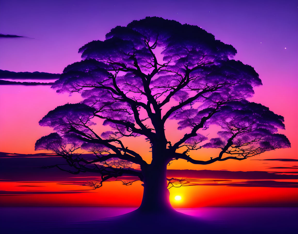 Vivid sunset with large tree silhouette against purple and orange sky