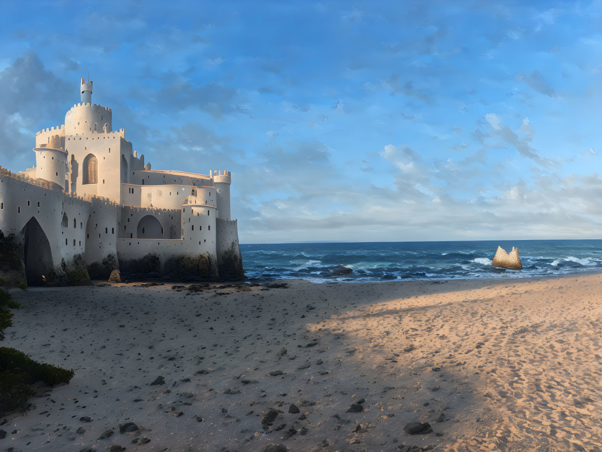 White castle with turrets by sandy beach and sailboat on rough sea