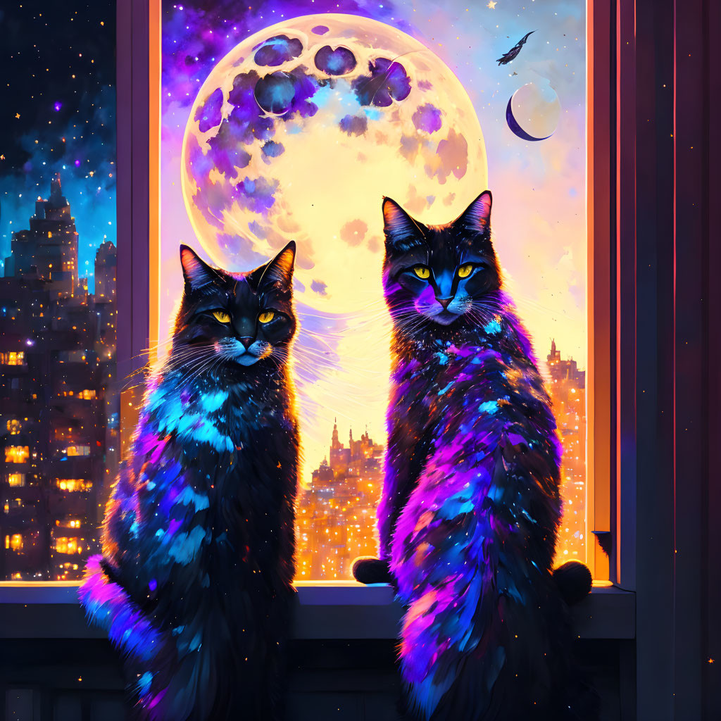 Colorful Cats by Window with Moon & Cityscape