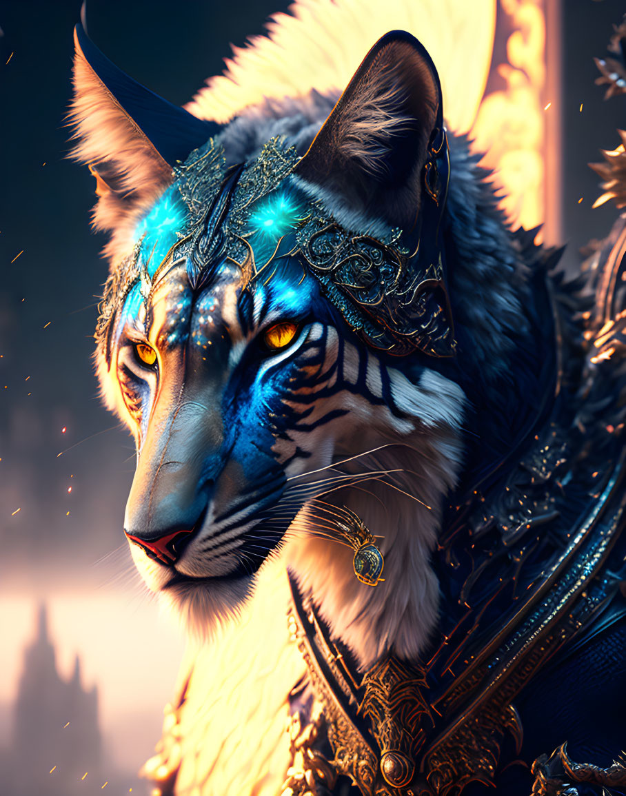 Fantastical tiger in golden armor against glowing backdrop