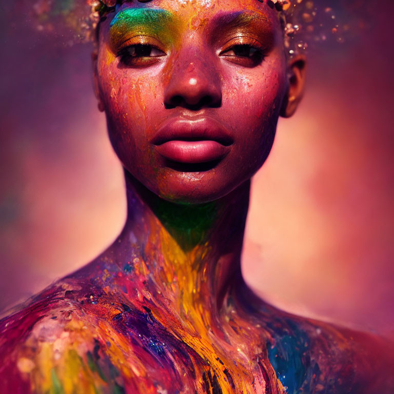 Person with Colorful Paint on Face and Neck for Artistic Look