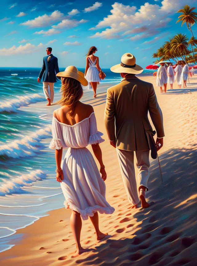 Couples in elegant attire walk on a beach at sunset with palm trees and serene waves