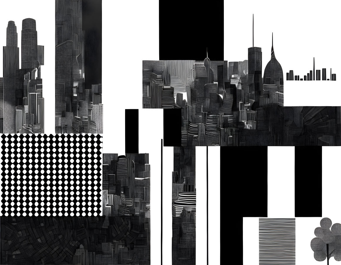 Abstract Monochromatic Skyscraper Collage with Geometric Patterns