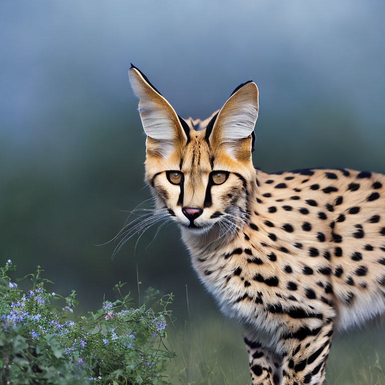 Alert serval cat with distinctive spotted coat in natural setting