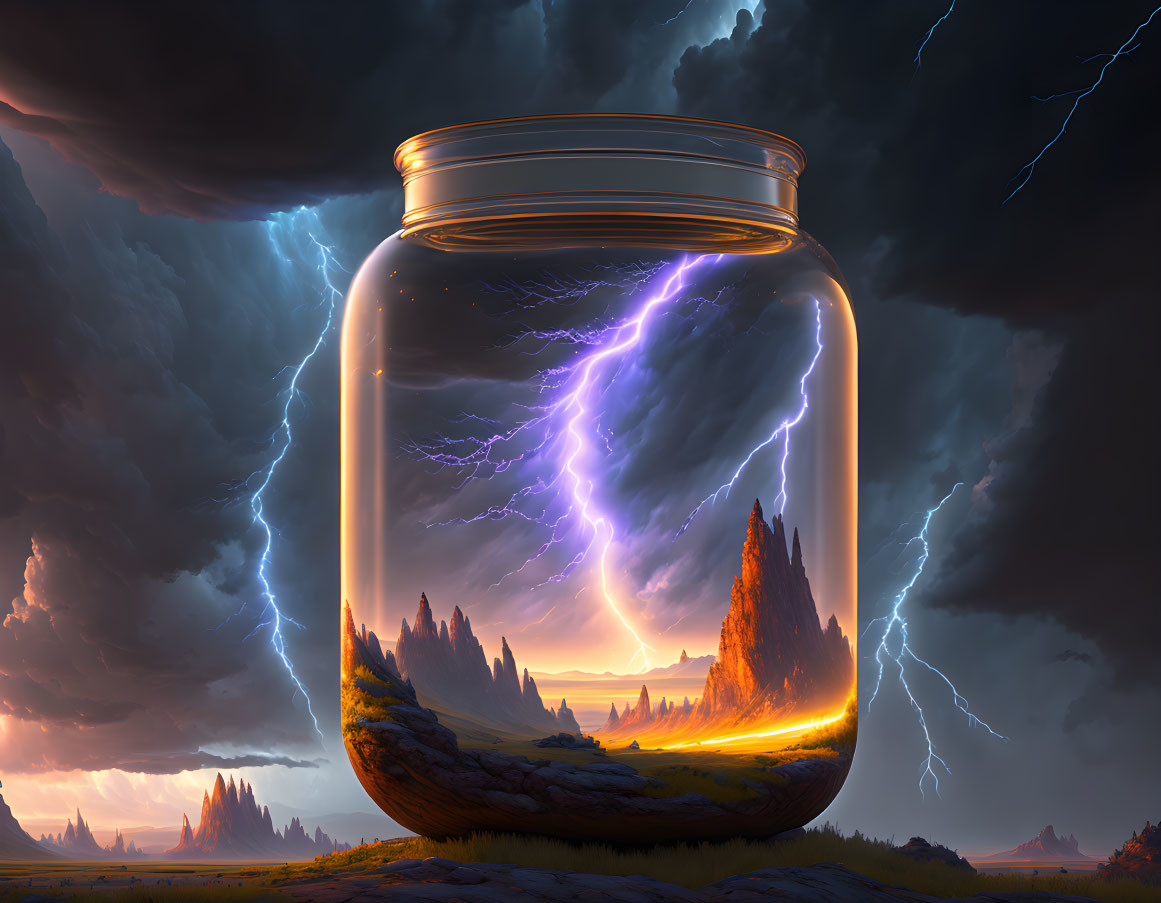 Glass jar capturing vivid landscape with lightning bolts and stormy sky.